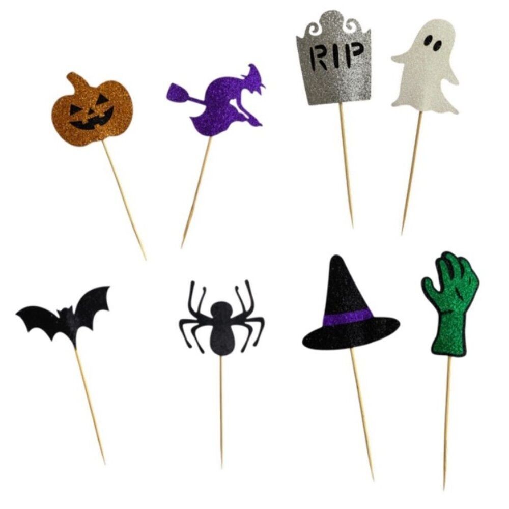 34 Pack New Halloween Themed Cupcake Cake Toppers Glitter Decorations